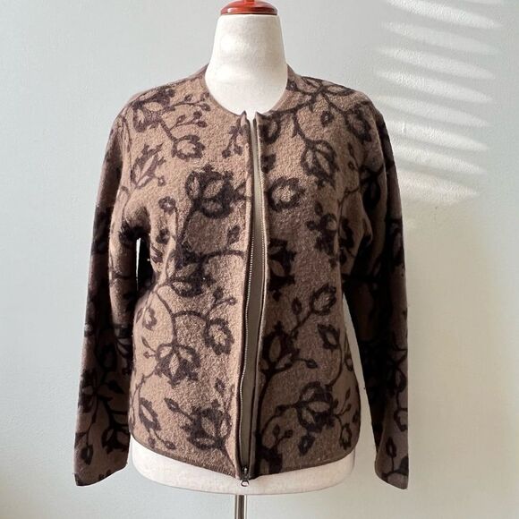 SKYR Norwegian Womens Brown Print wool floral grannycore zip front cardigan M - Picture 2 of 5